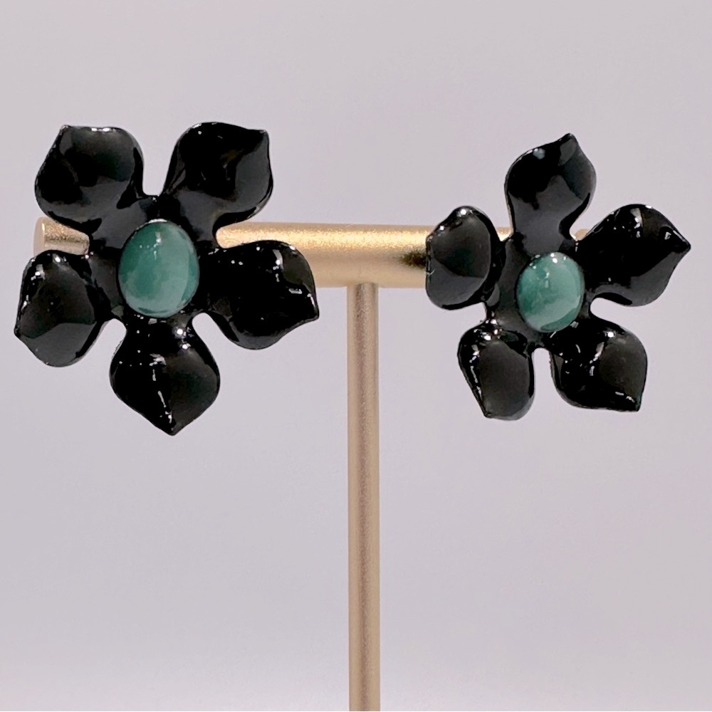 Black & Turquoise Enamel Flower Earrings Retro Whimsigoth